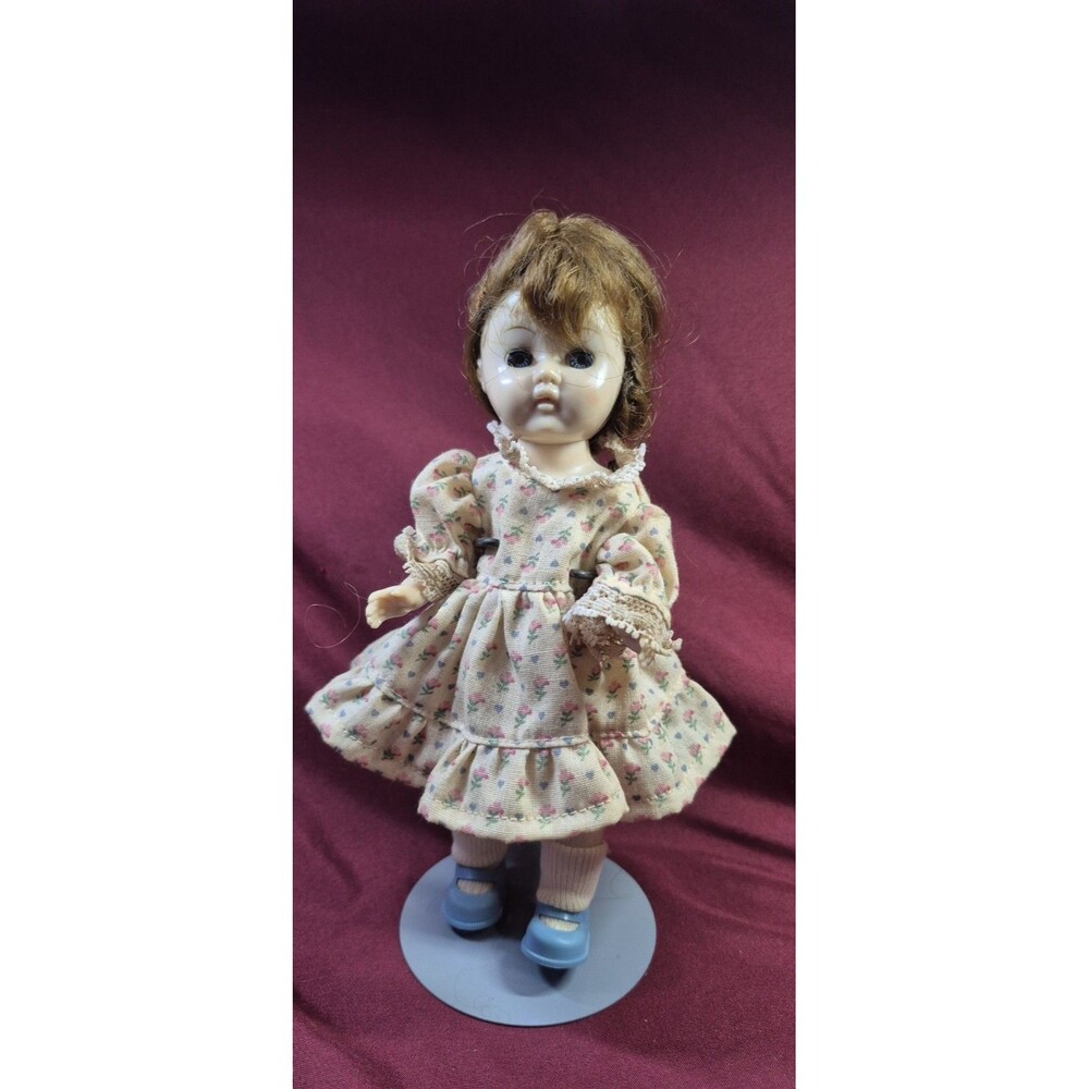 Vintage 1950s 7" Hard Plastic Dress Me Doll Blue Sleep Eyes Floral Dress Stand